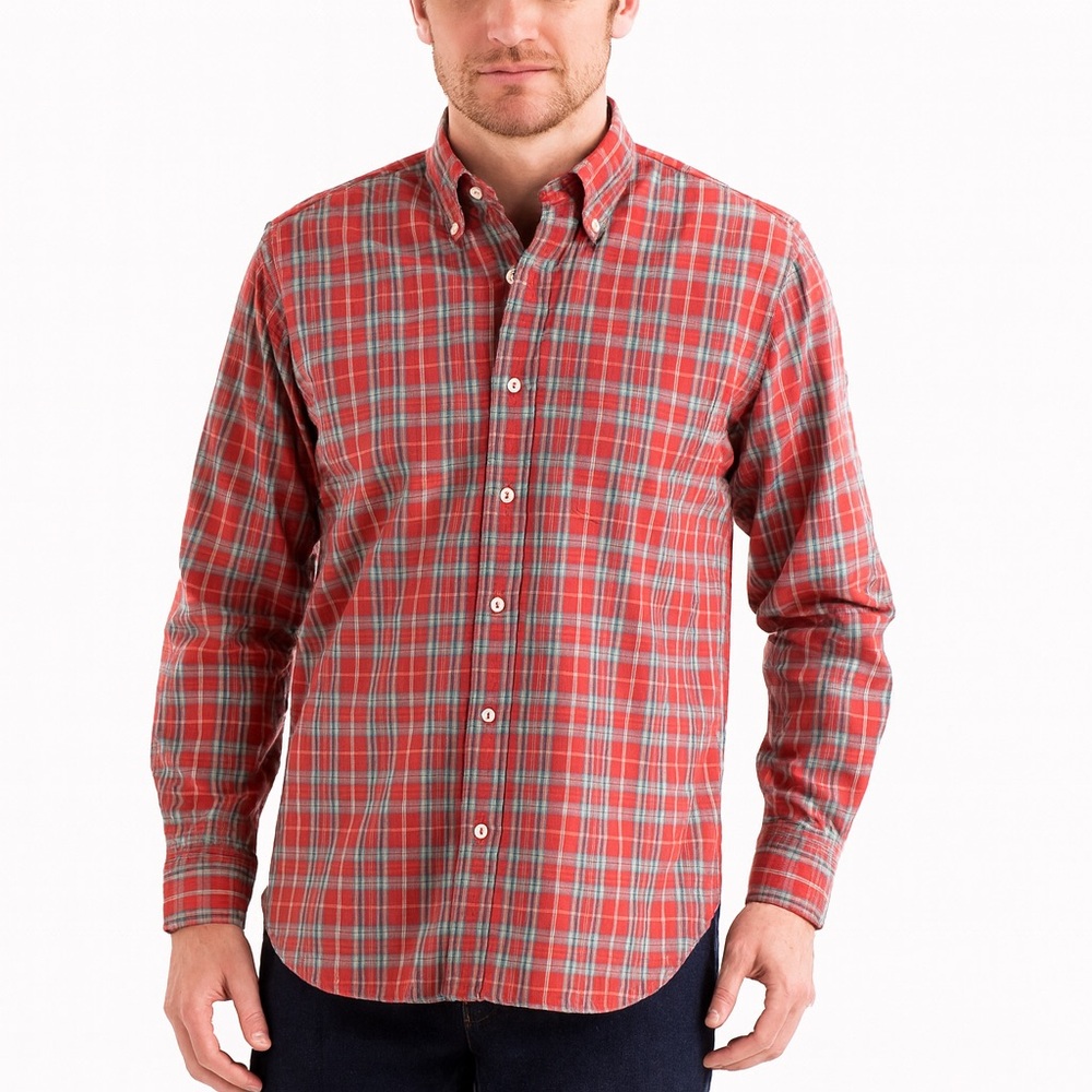 Southern Tide Dark Coral Red Green Plaid Button Down Shirt Classic Fit Small